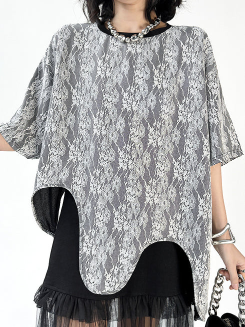 Wave Hem Lace Mesh Top